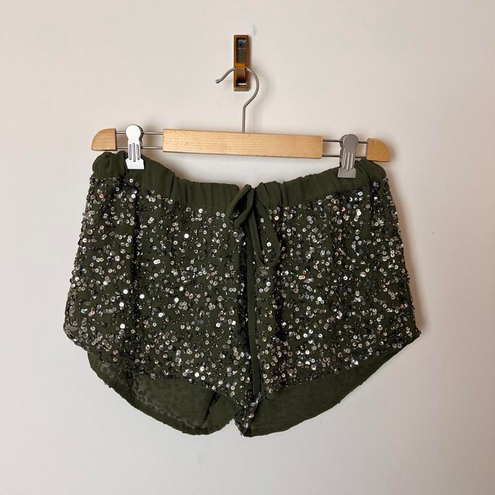 GUESS Sequin Olive Green Shorts Drawstring Waist Women's Size M